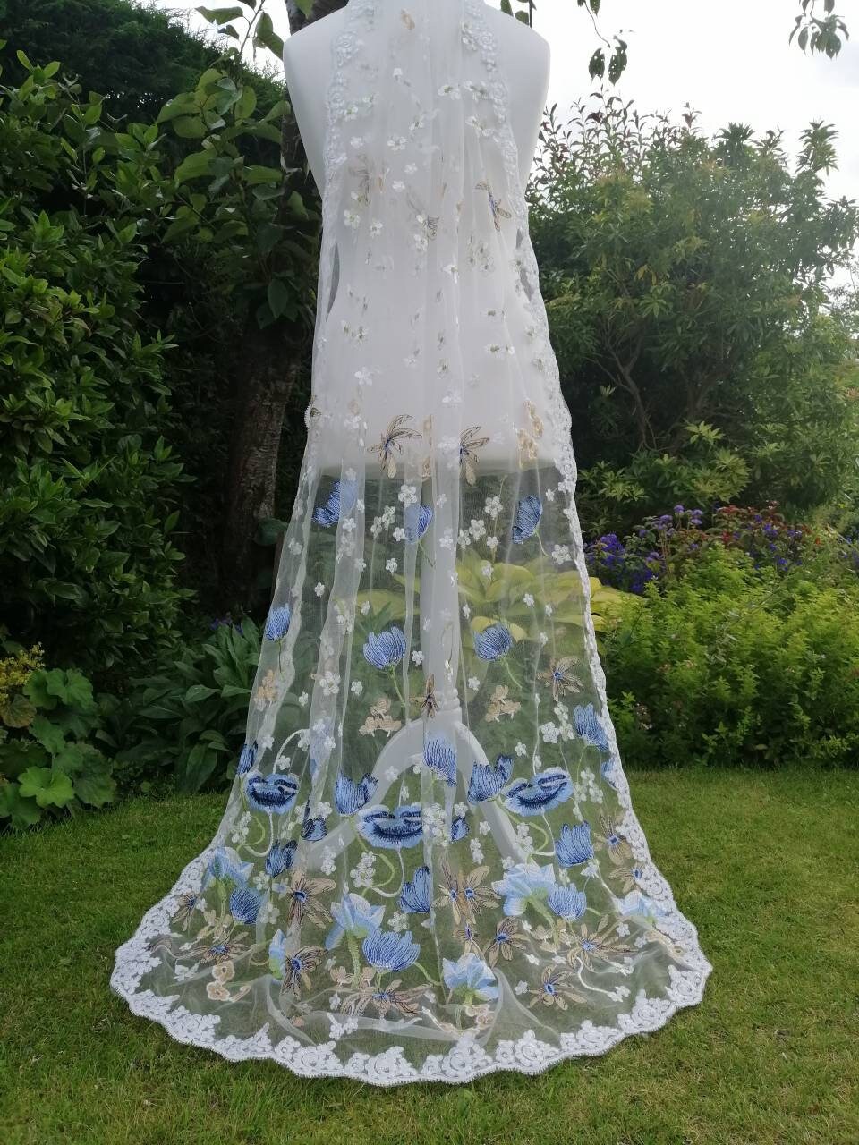 Floral veil, Flower veil, something blue, Floral veil ,secret garden veil, boho veil,  wild flower veil, embroidered veil, blue floral veil
