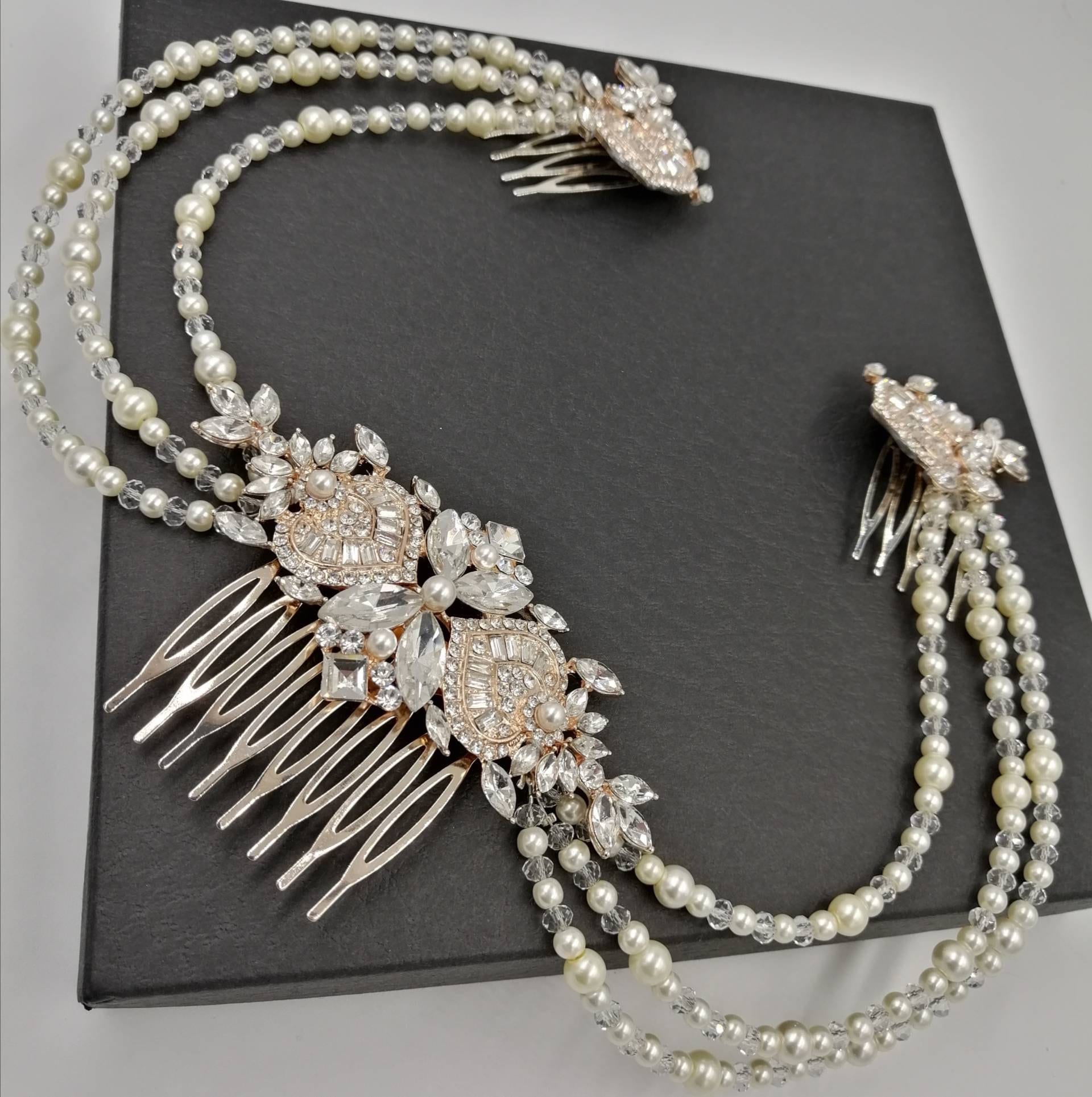 Gold Pearl Crystal Bridal Hair Combs, Art Deco Gatsby Headpiece