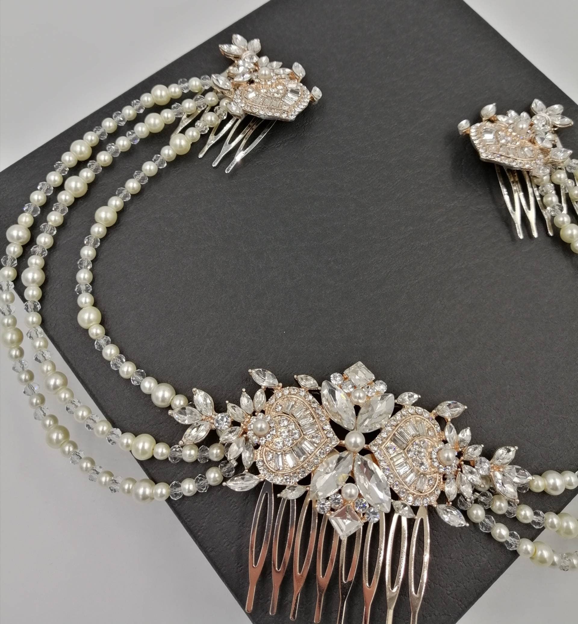 Gold Pearl Crystal Bridal Hair Combs, Art Deco Gatsby Headpiece
