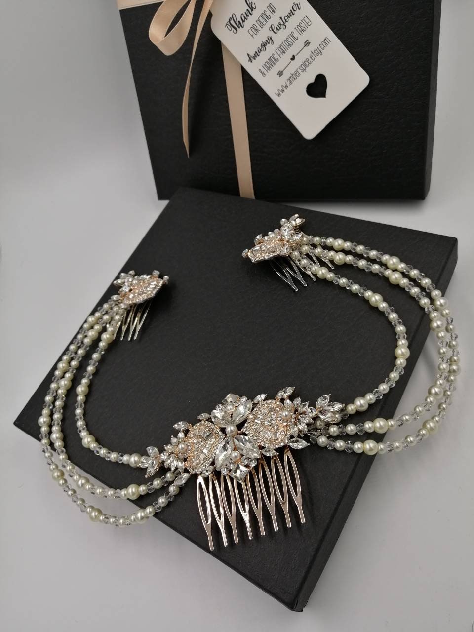Gold Pearl Crystal Bridal Hair Combs, Art Deco Gatsby Headpiece