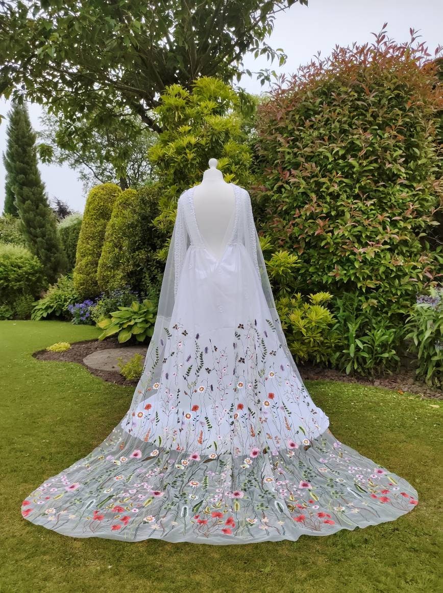 Floral draped cape, draped dress attachment,Flower veil, Floral veil ,secret garden veil, boho veil,  wild flower veil, embroidered veil