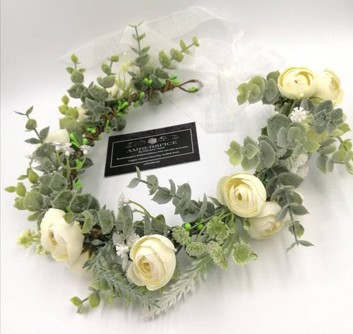 Artificial Eucalyptus Ranunculus Flower Crown, Ivory Organza Ribbon, Bridal Headpiece
