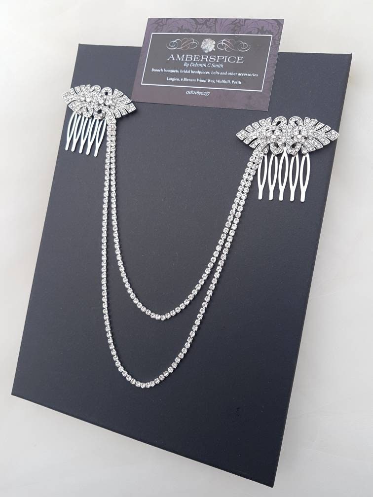 Art deco hair drape, hair chains, wedding hairpiece, wedding drapes, diamanté headpiece, diamanté hair chains, diamante bridal combs, combs