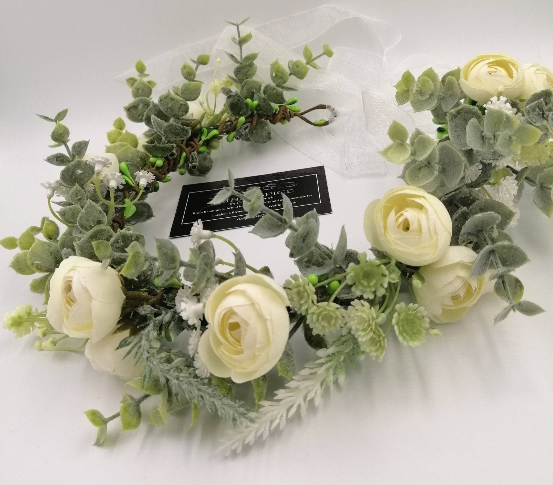 Artificial Eucalyptus Ranunculus Flower Crown, Ivory Organza Ribbon, Bridal Headpiece