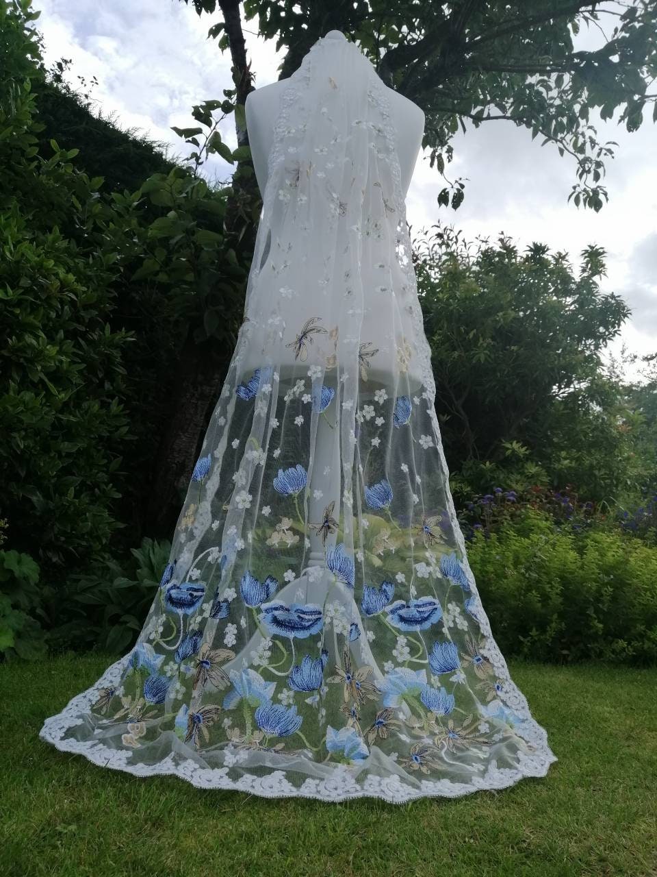 Floral veil, Flower veil, something blue, Floral veil ,secret garden veil, boho veil,  wild flower veil, embroidered veil, blue floral veil
