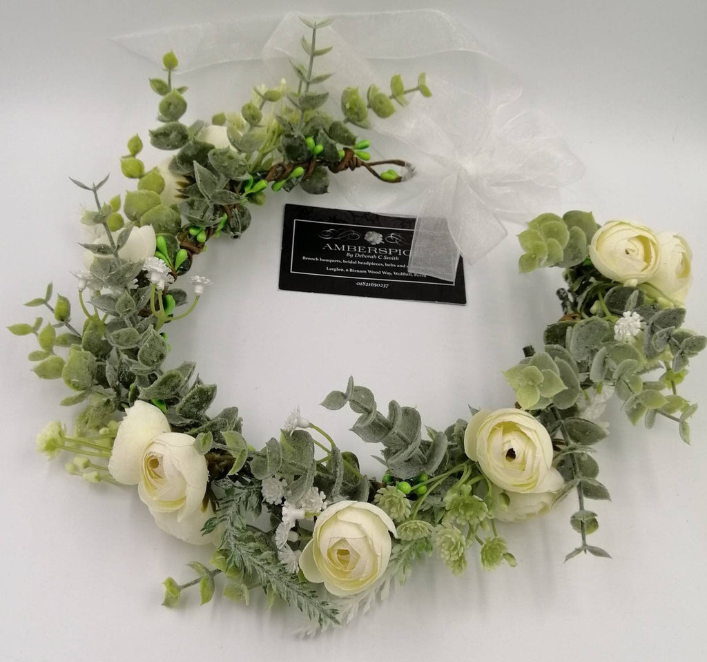 Artificial Eucalyptus Ranunculus Flower Crown, Ivory Organza Ribbon, Bridal Headpiece