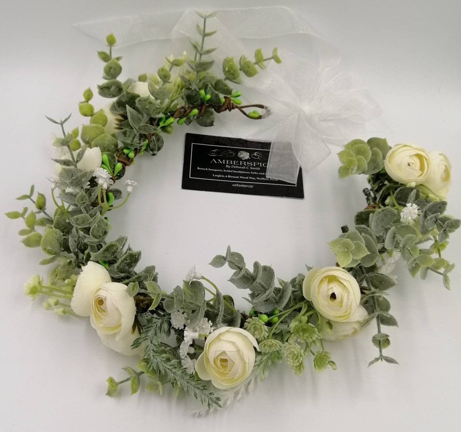 Artificial Eucalyptus Ranunculus Flower Crown, Ivory Organza Ribbon, Bridal Headpiece