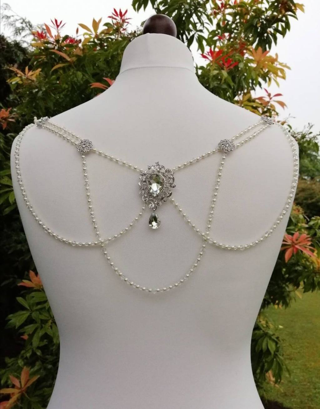 Bridal Back Drape, Clear Crystal Gatsby Necklace, Ivory Pearl Dress Adornment