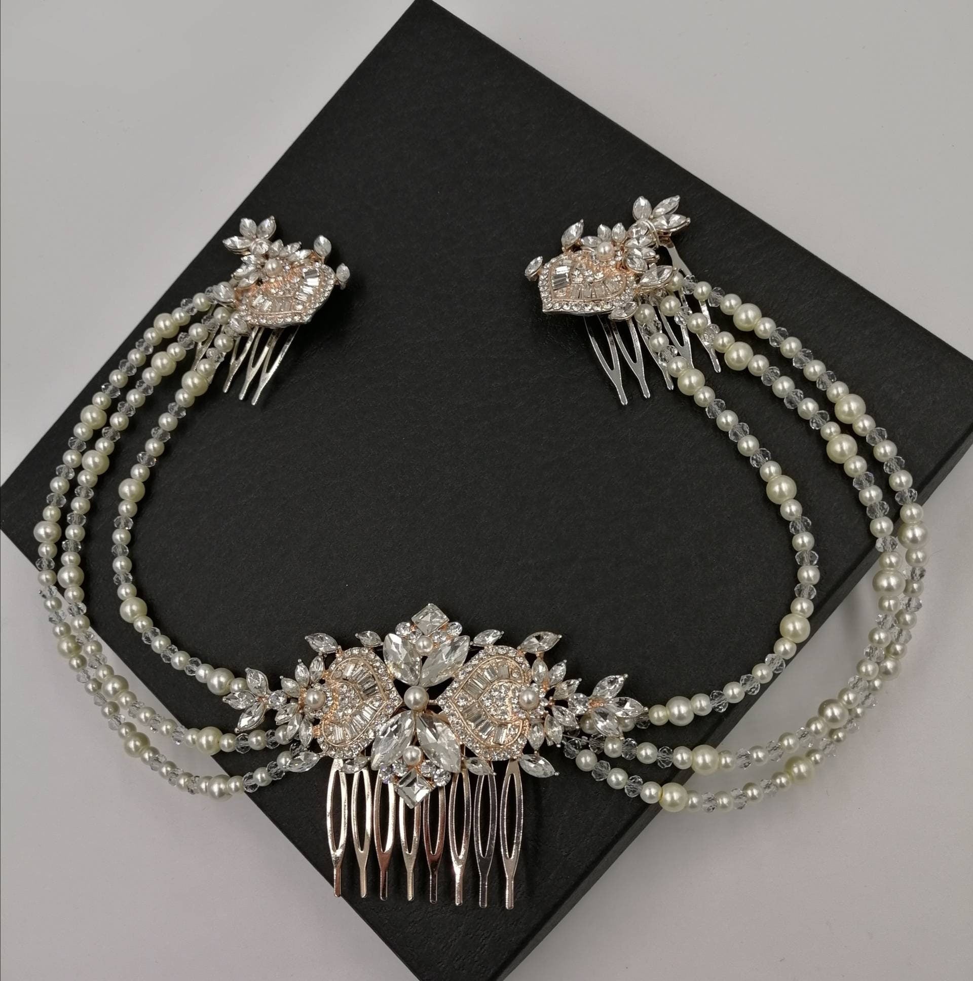 Gold Pearl Crystal Bridal Hair Combs, Art Deco Gatsby Headpiece