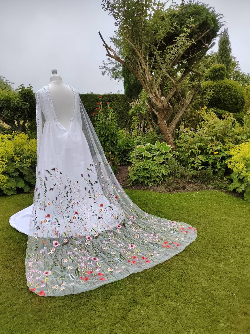 Floral draped cape, draped dress attachment,Flower veil, Floral veil ,secret garden veil, boho veil,  wild flower veil, embroidered veil
