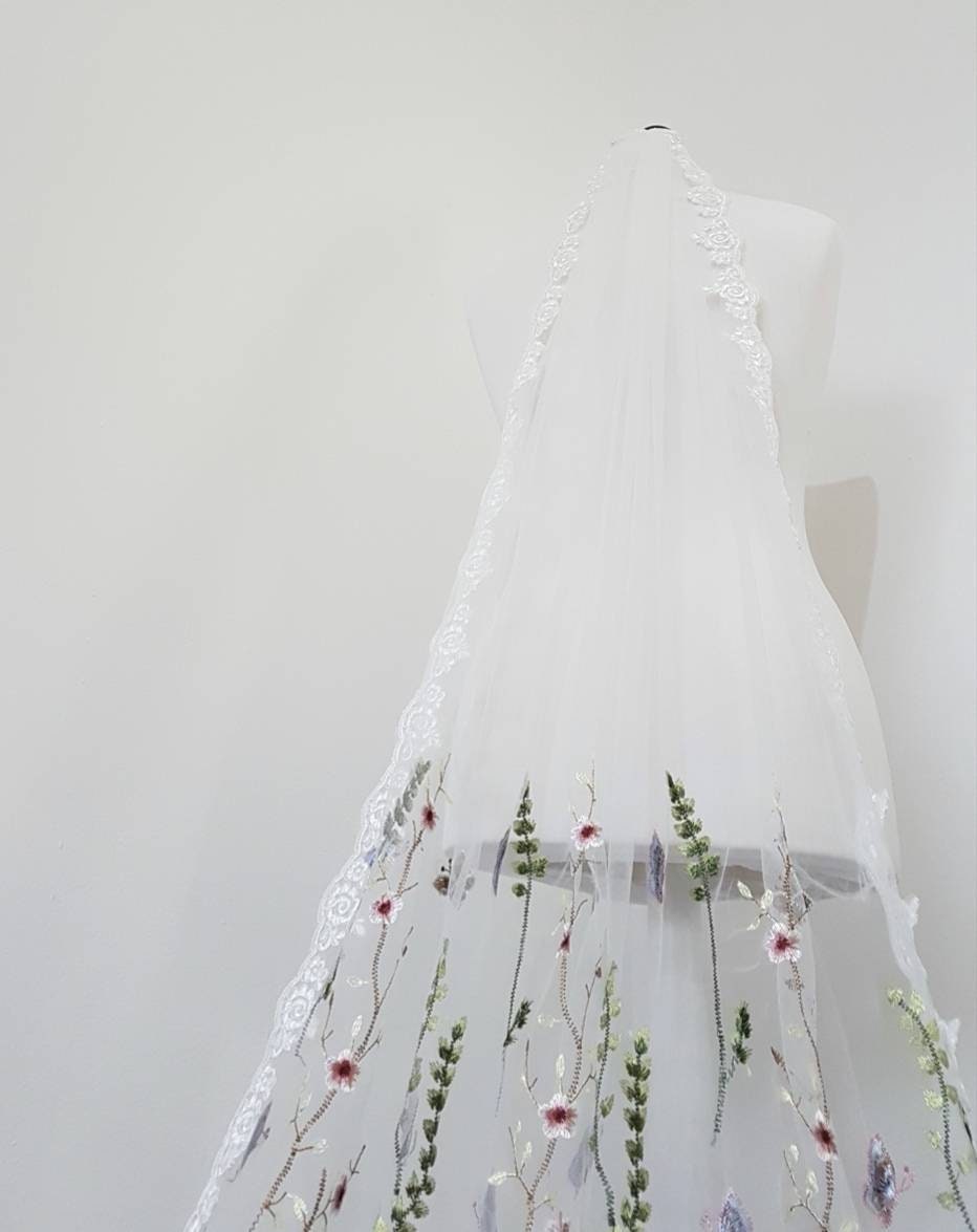 Flower veil, Floral veil ,secret garden veil, boho veil,  wild flower veil, embroidered veil, flower and fawna, romantic veil,bridal veil