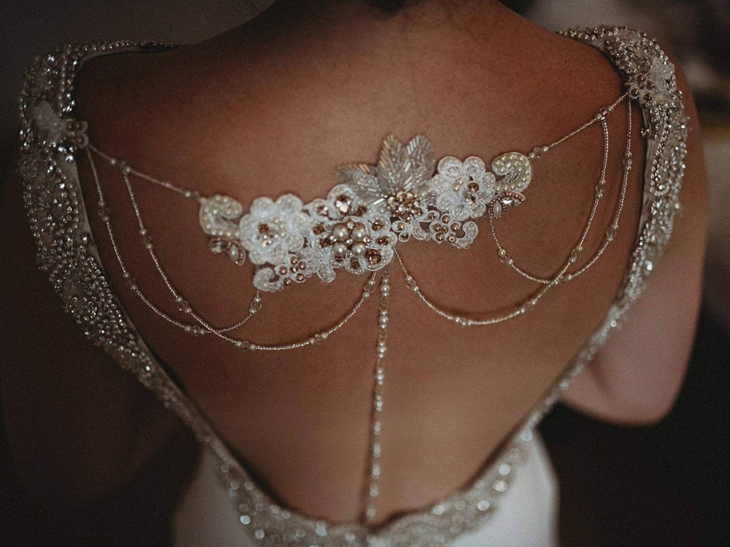 Back drape,lace drape, backless dress drape, beaded drape, dress adornment, crystal drapes, wedding dress drapes, dress embellishment,