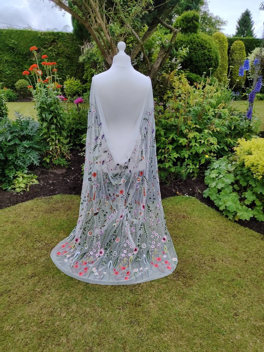 Floral draped cape, draped dress attachment,Flower veil, Floral veil ,secret garden veil, boho veil,  wild flower veil, embroidered veil