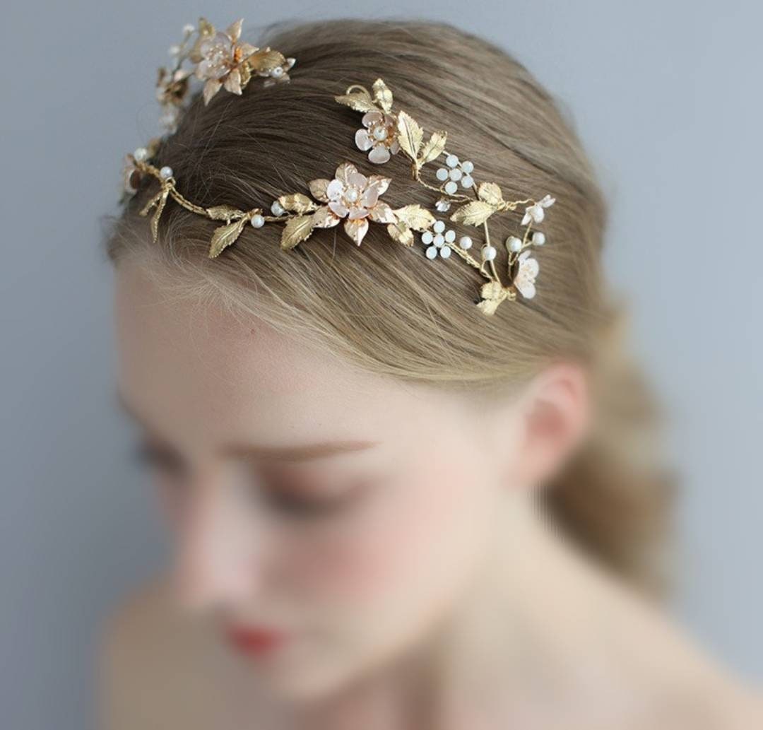 Bridal headpiece, tiara, flower vine, forehead vine, gold headpiece, flower and leaf crown, scull cap hair accessory, pearl and gold vine