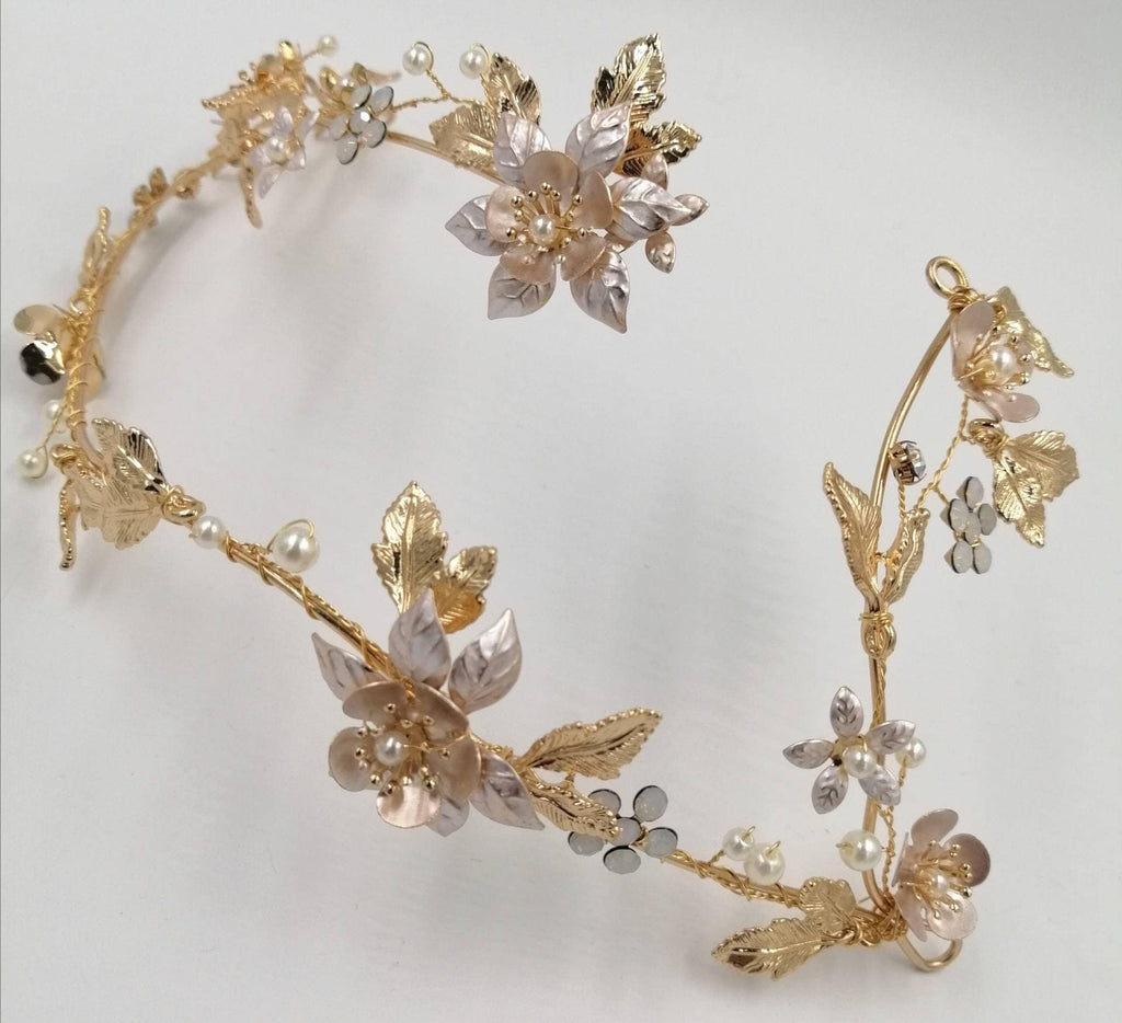Bridal headpiece, tiara, flower vine, forehead vine, gold headpiece, flower and leaf crown, scull cap hair accessory, pearl and gold vine