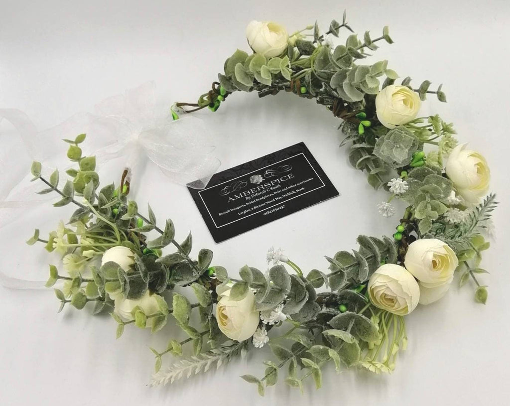 Artificial Eucalyptus Ranunculus Flower Crown, Ivory Organza Ribbon, Bridal Headpiece