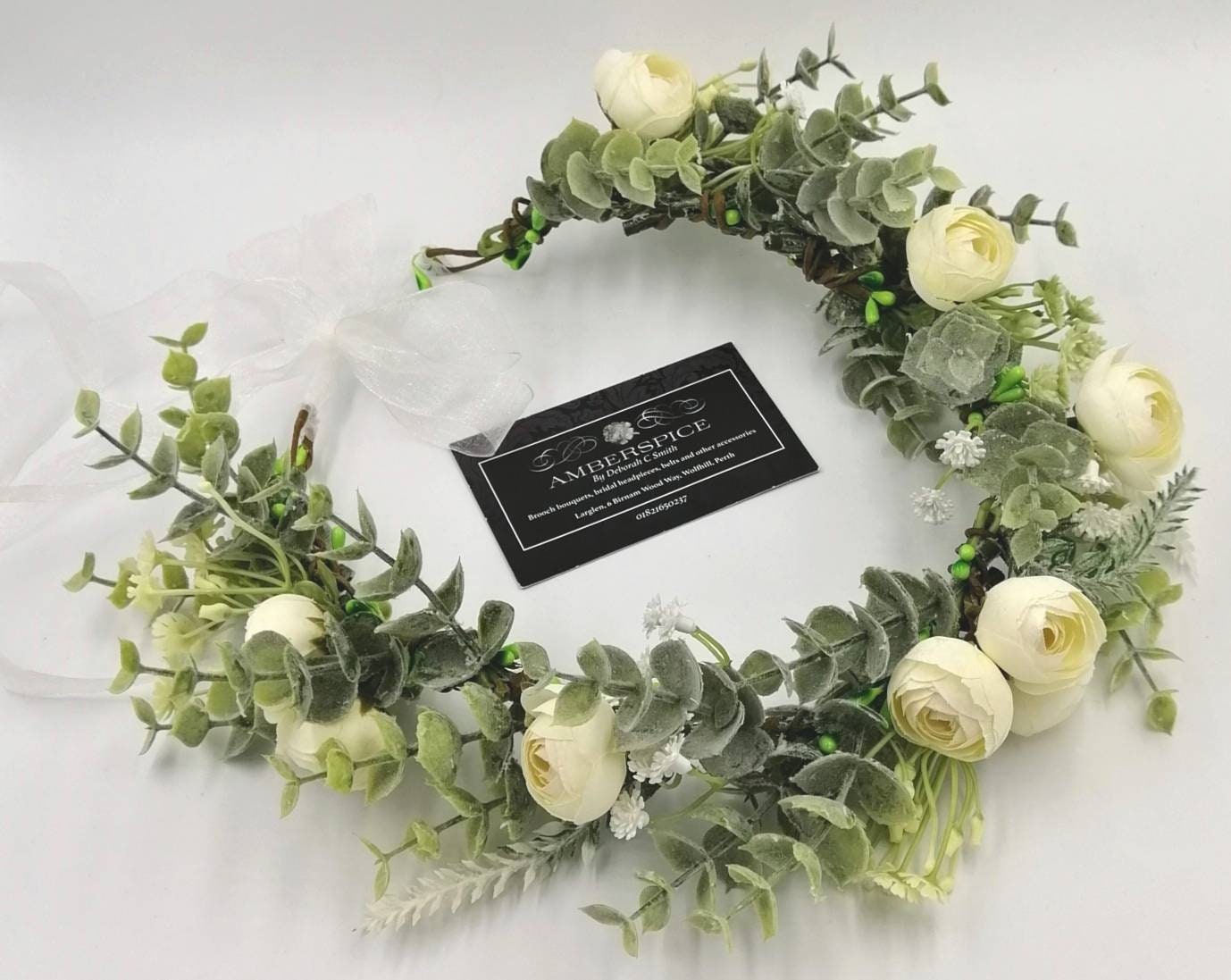 Artificial Eucalyptus Ranunculus Flower Crown, Ivory Organza Ribbon, Bridal Headpiece