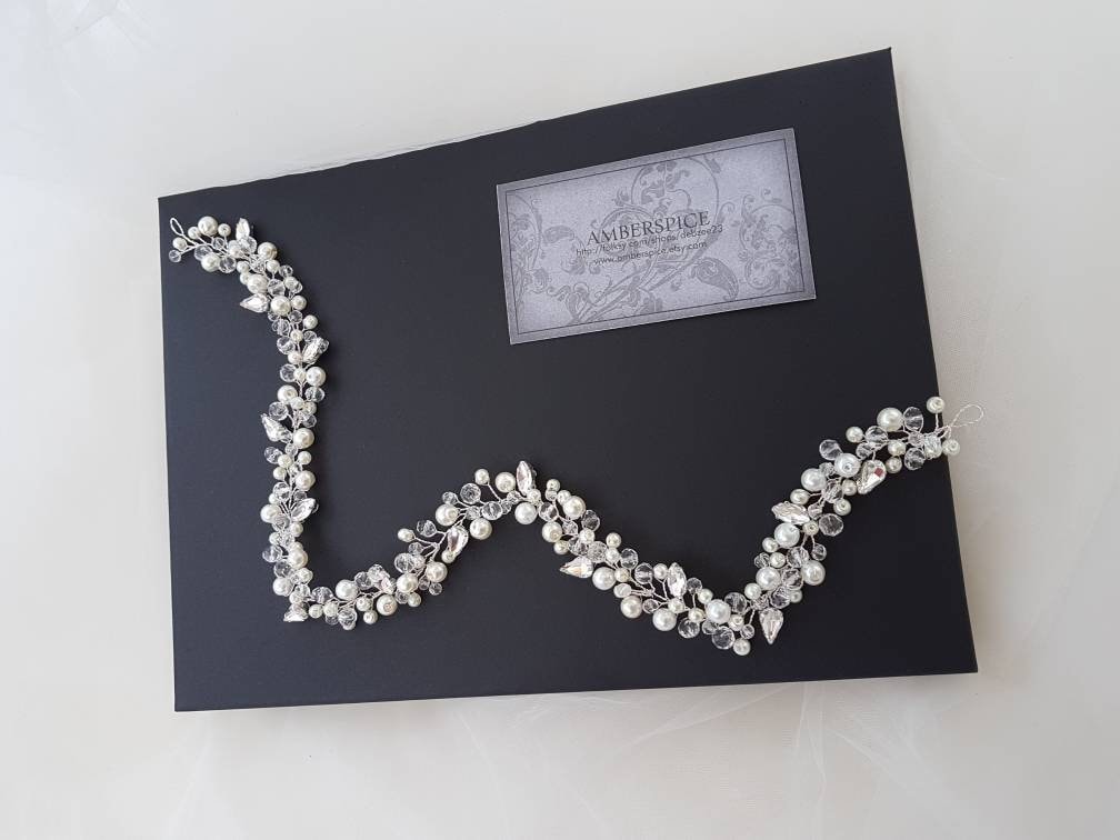 Hair vine, bridal pearl vine, crystal and pearl circlet, pearl vine,diamante vine, bridal halo, bohemian headpiece,  wedding hair accessory,