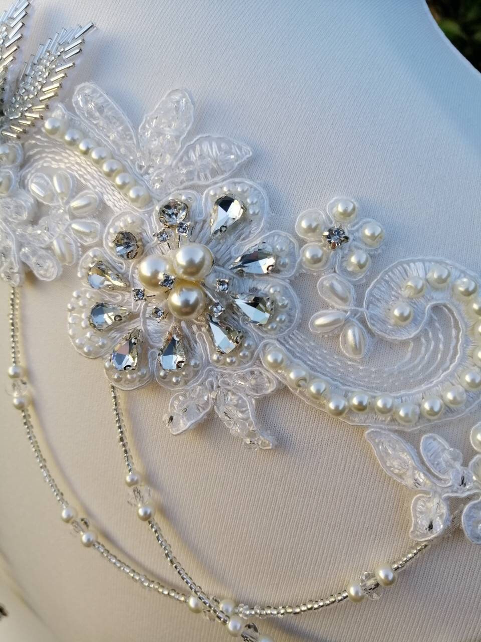 Back drape,lace drape, backless dress drape, beaded drape, dress adornment, crystal drapes, wedding dress drapes, dress embellishment,