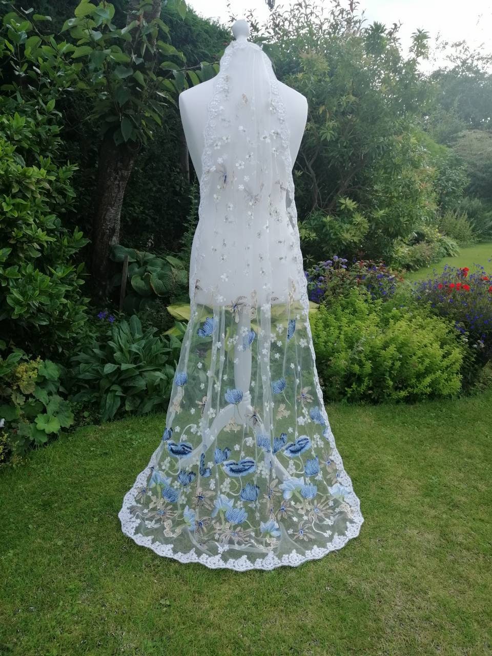 Floral veil, Flower veil, something blue, Floral veil ,secret garden veil, boho veil,  wild flower veil, embroidered veil, blue floral veil