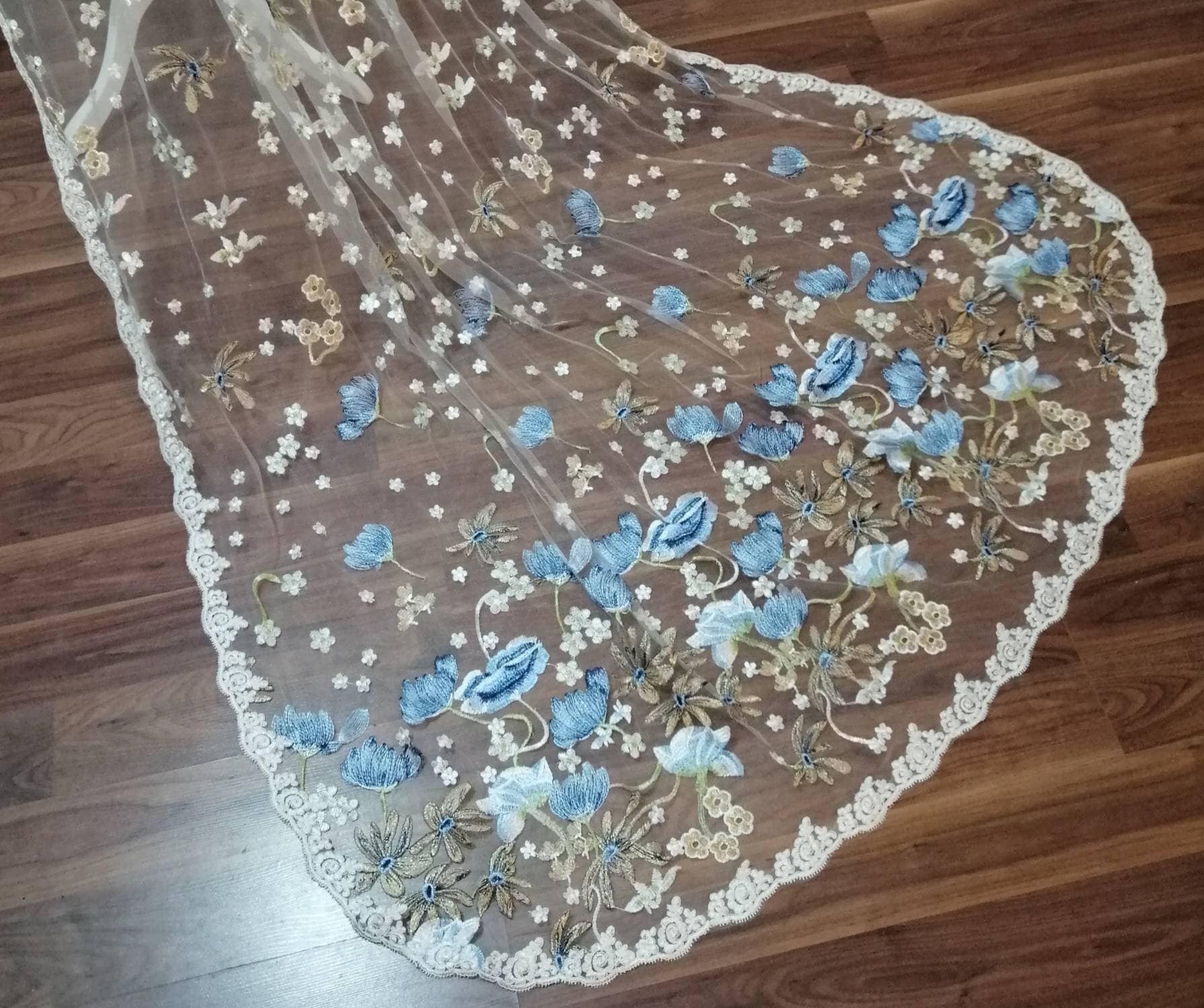 Floral veil, Flower veil, something blue, Floral veil ,secret garden veil, boho veil,  wild flower veil, embroidered veil, blue floral veil