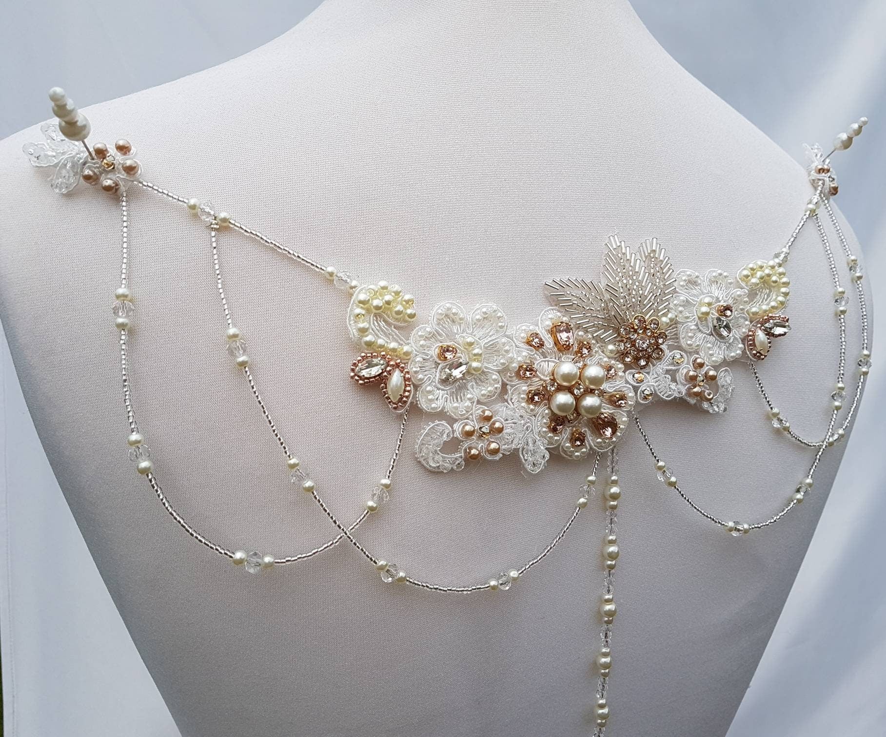Back drape,lace drape, backless dress drape, beaded drape, dress adornment, crystal drapes, wedding dress drapes, dress embellishment,