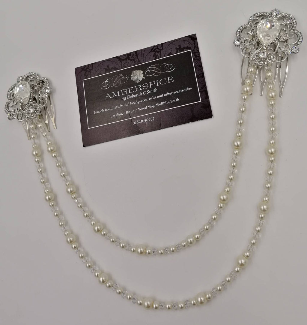 Art Deco Silver Pearl Diamanté Bridal Headpiece, Gatsby Hair Drape