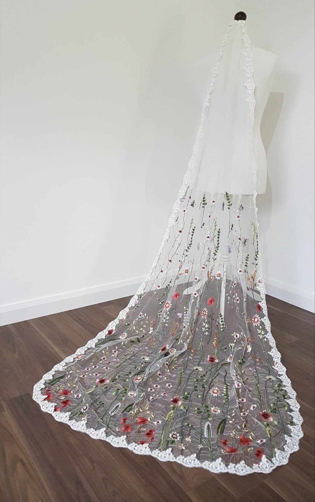 Flower veil, Floral veil ,secret garden veil, boho veil,  wild flower veil, embroidered veil, flower and fawna, romantic veil,bridal veil