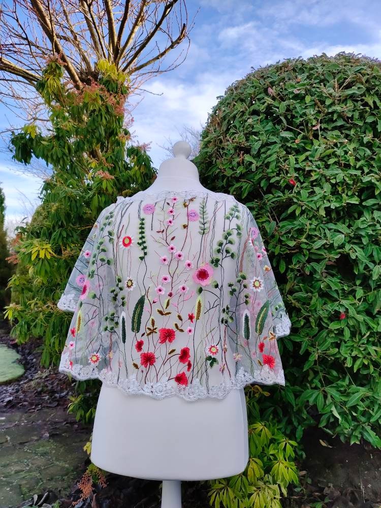 Floral capelet, capelet, wedding poncho, bridal cover up, shawl, tulle capelet, bolero, floral embroidered capelet, bridal cape, cape