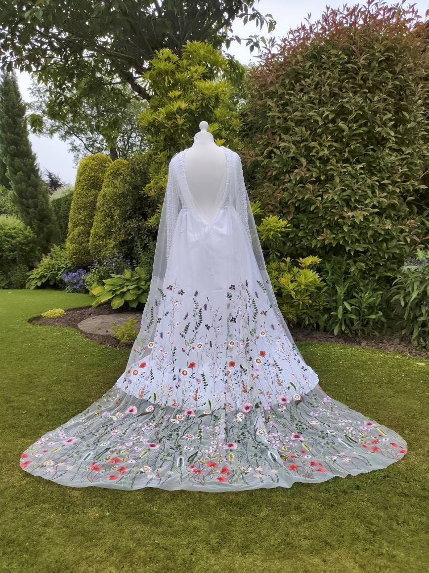 Floral draped cape, draped dress attachment,Flower veil, Floral veil ,secret garden veil, boho veil,  wild flower veil, embroidered veil