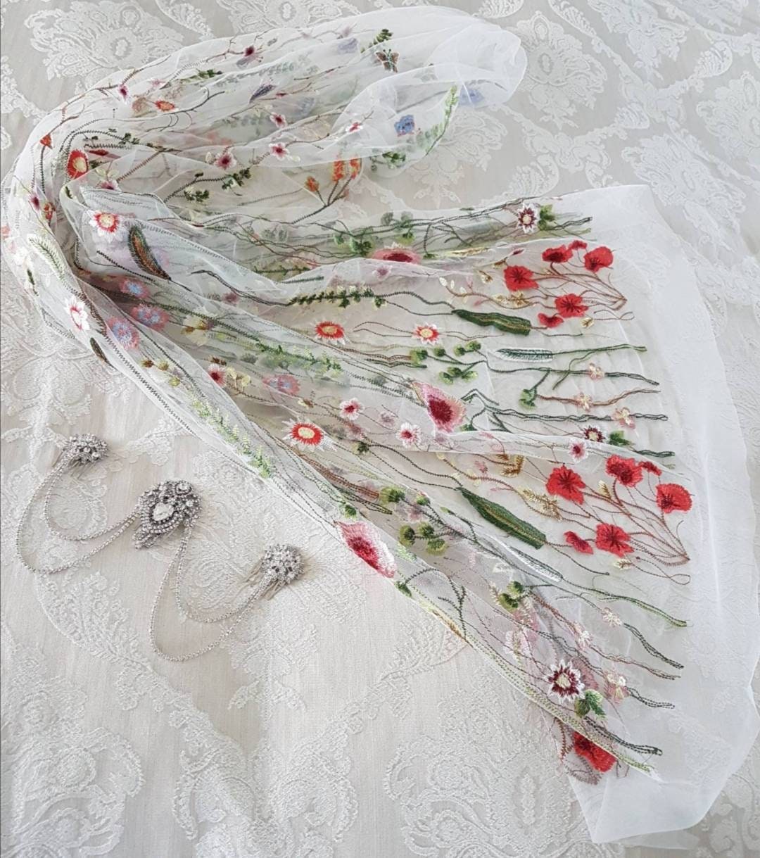 Flower veil, Floral veil ,secret garden veil, boho veil,  wild flower veil, embroidered veil, flower and fawna, romantic veil,bridal veil