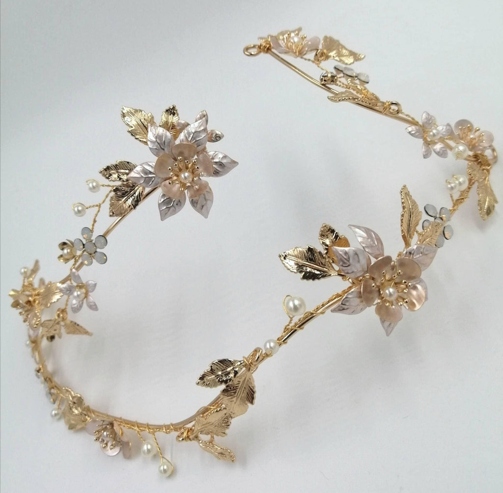 Bridal headpiece, tiara, flower vine, forehead vine, gold headpiece, flower and leaf crown, scull cap hair accessory, pearl and gold vine