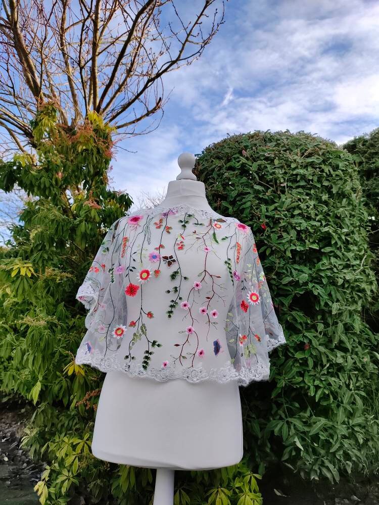 Floral capelet, capelet, wedding poncho, bridal cover up, shawl, tulle capelet, bolero, floral embroidered capelet, bridal cape, cape