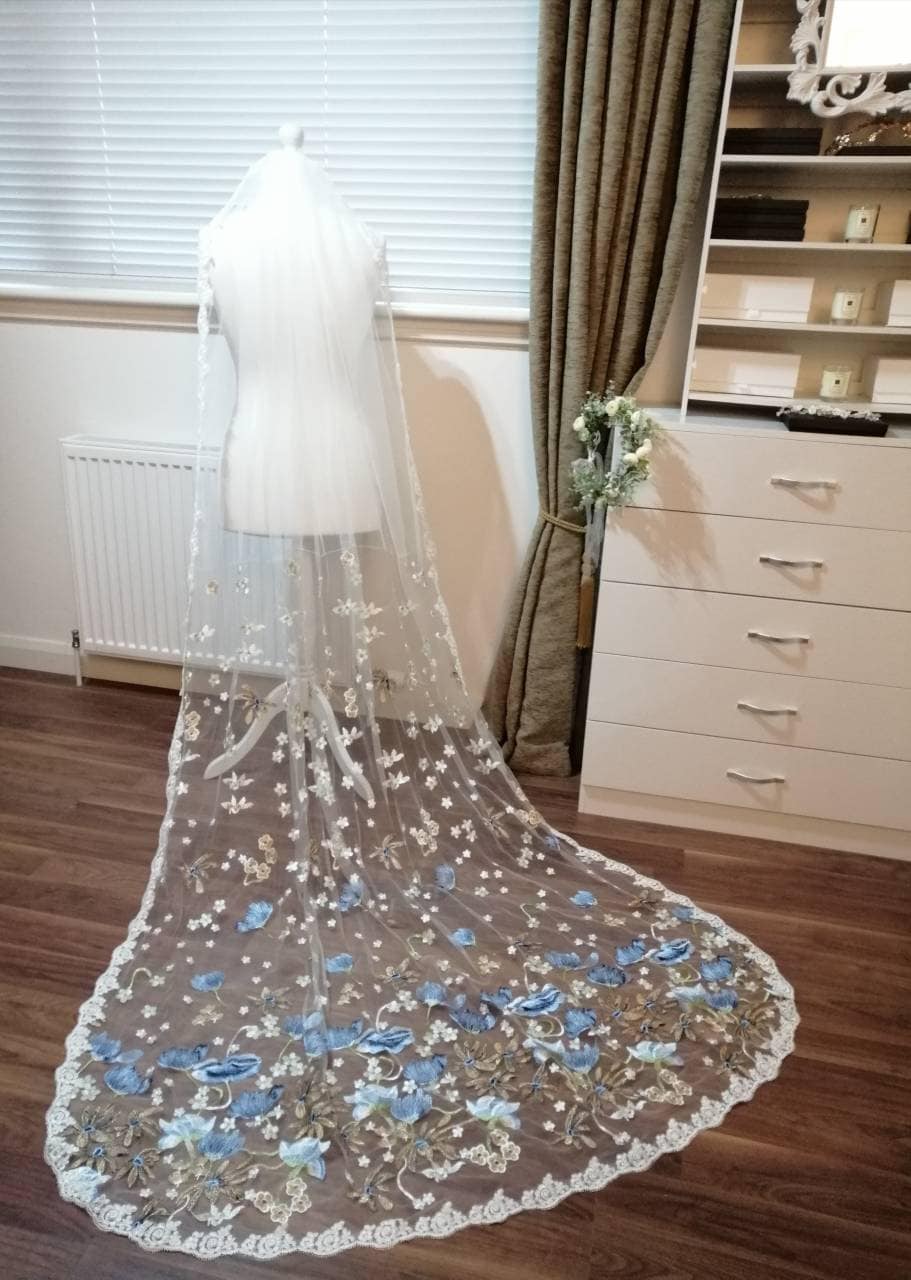 Floral veil, Flower veil, something blue, Floral veil ,secret garden veil, boho veil,  wild flower veil, embroidered veil, blue floral veil