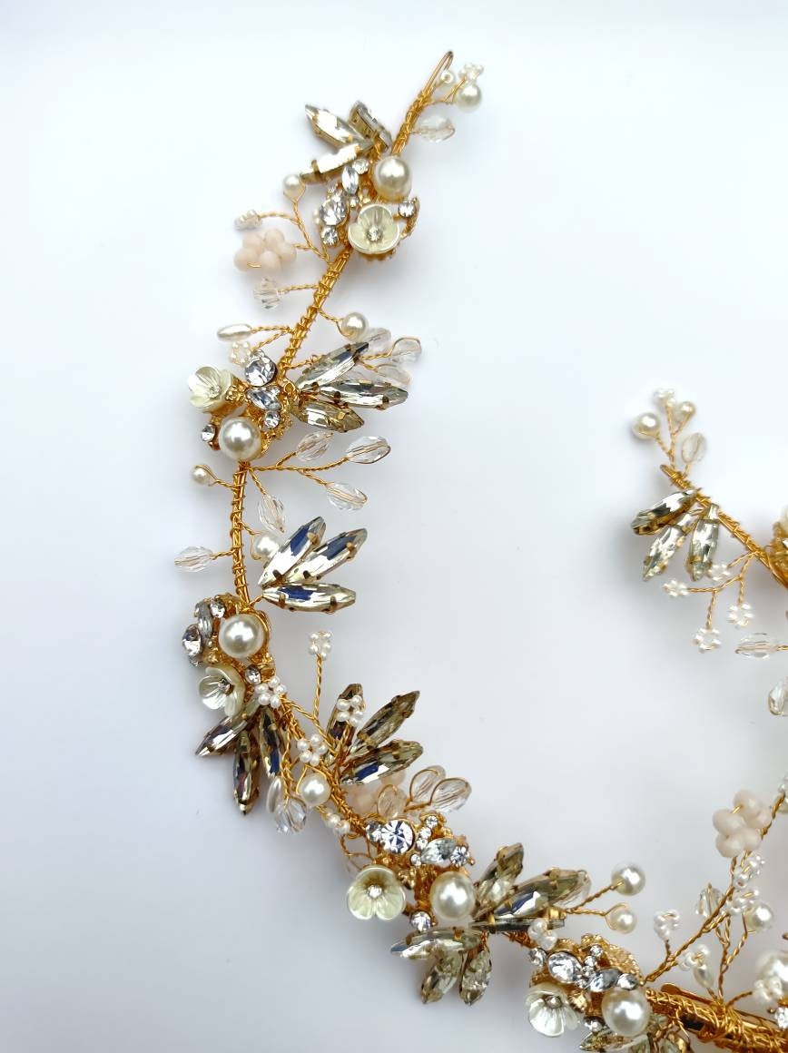 Flower circlet, gold headpiece, crystal headdress, wedding hair accessories,bridal comb, bridal hair adornment, flower vine, lucite flowers