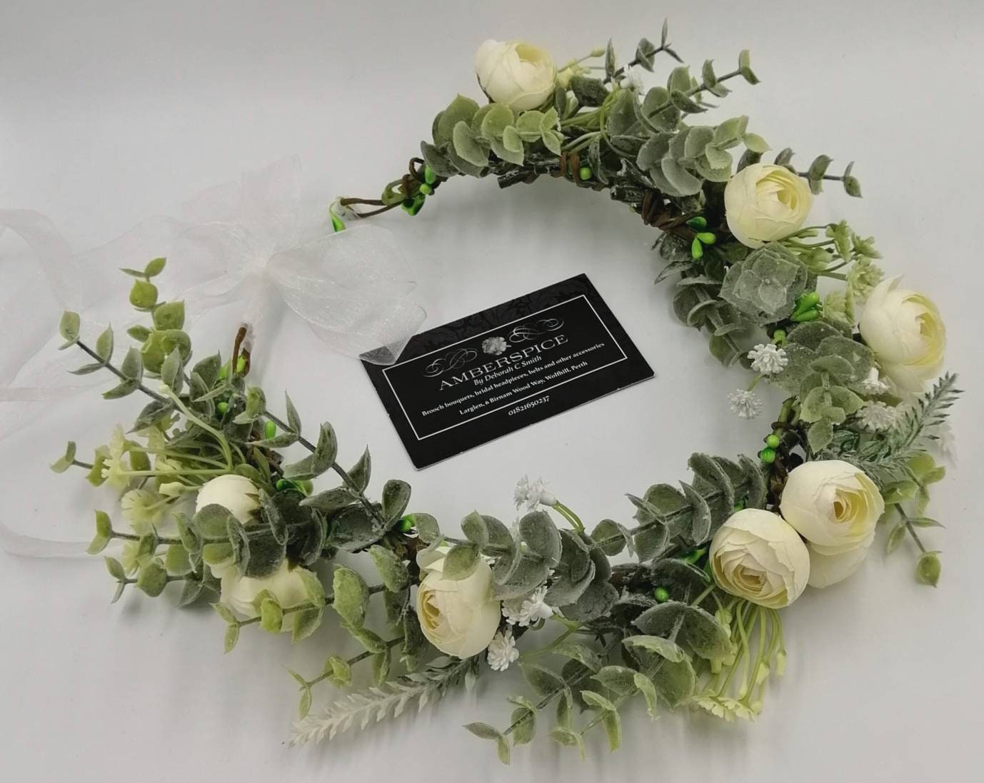 Artificial Eucalyptus Ranunculus Flower Crown, Ivory Organza Ribbon, Bridal Headpiece