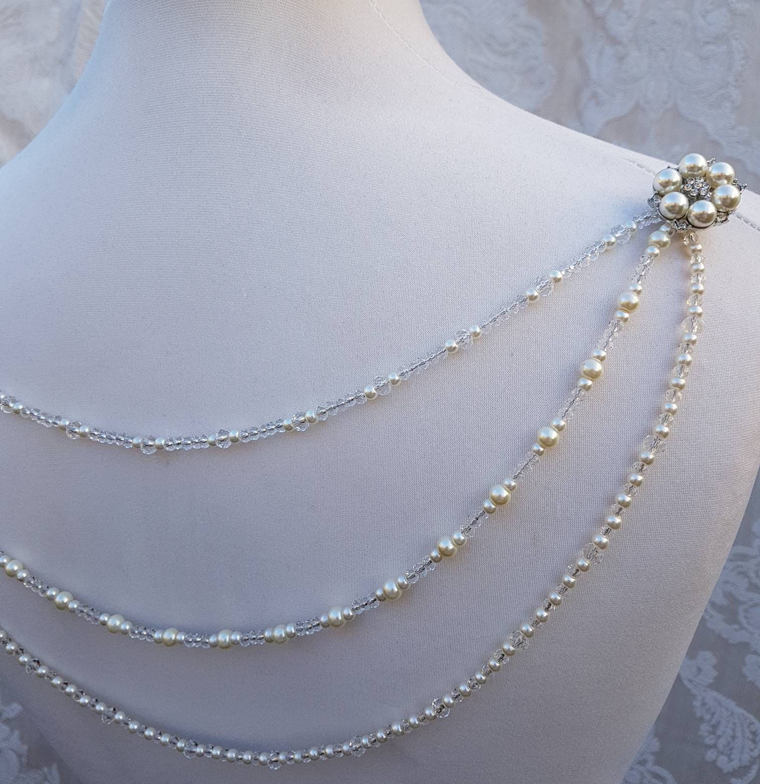 Bridal back necklace, Bridal backless dress, backdrop drape, vintage bridal, gatsby necklace, statement dress attachment , dress adornment