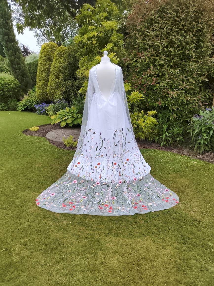 Floral draped cape, draped dress attachment,Flower veil, Floral veil ,secret garden veil, boho veil,  wild flower veil, embroidered veil