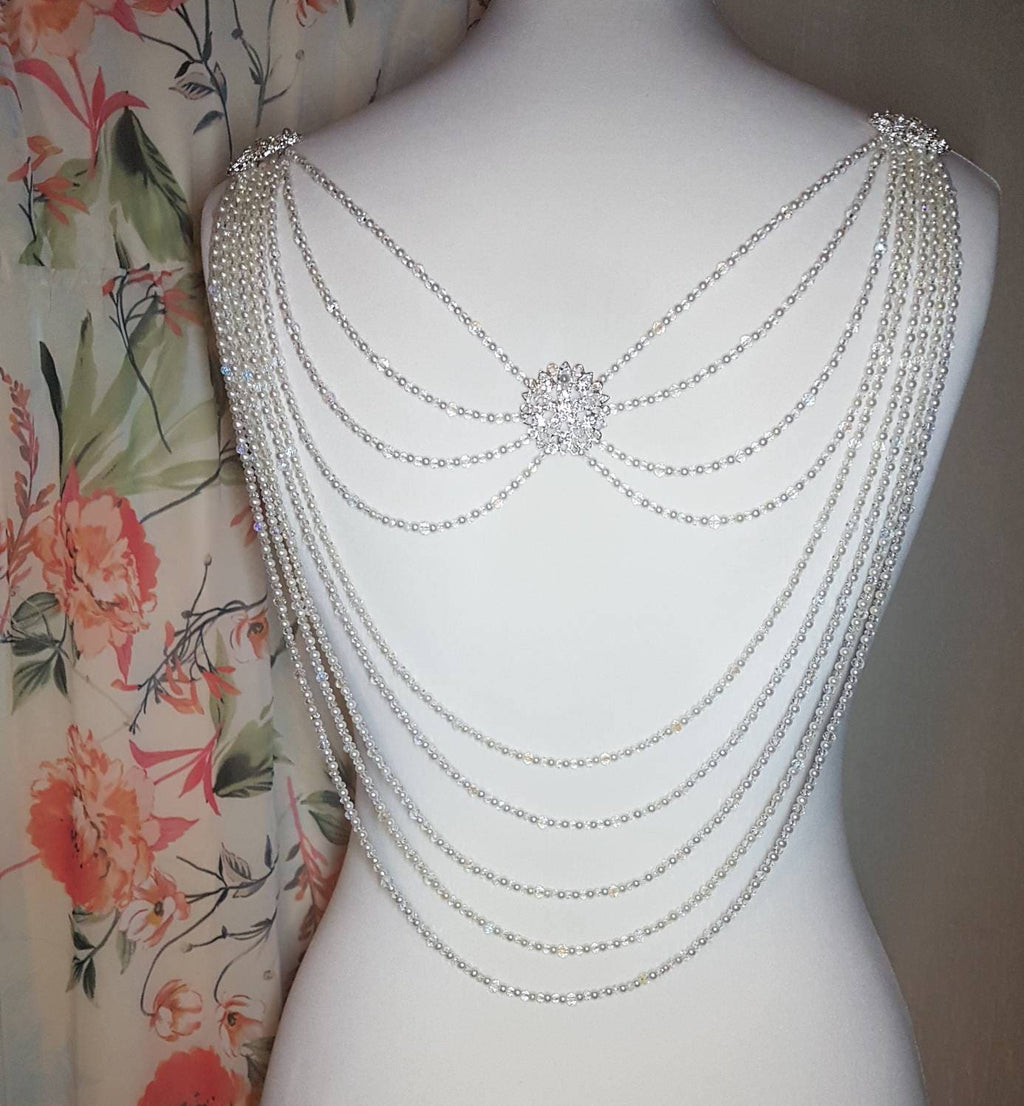 Back Necklace Drape, Ivory Pearls, Crystal Beads, Wedding Dress Adornment