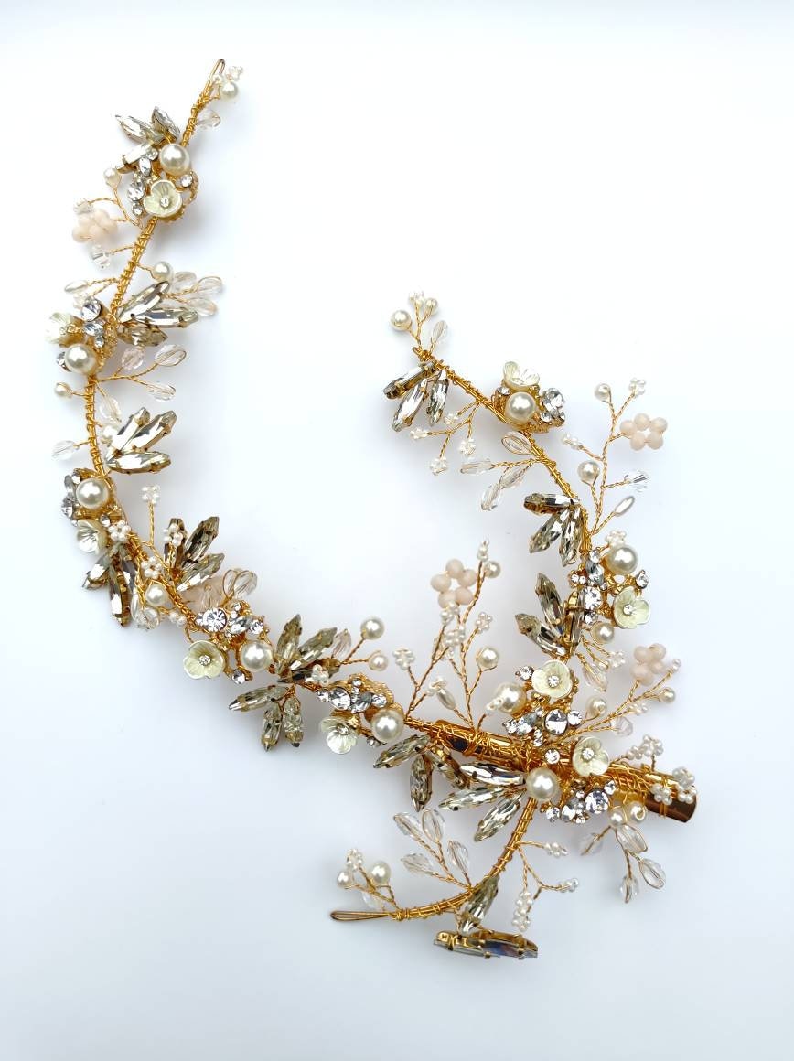 Flower circlet, gold headpiece, crystal headdress, wedding hair accessories,bridal comb, bridal hair adornment, flower vine, lucite flowers