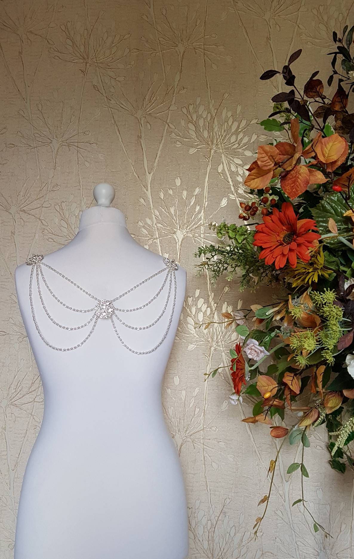 Beaded Back Drape, Shoulder Drape, Backless Dress Adornment, Ivory Pearls, Crystal Bridal Jewelry