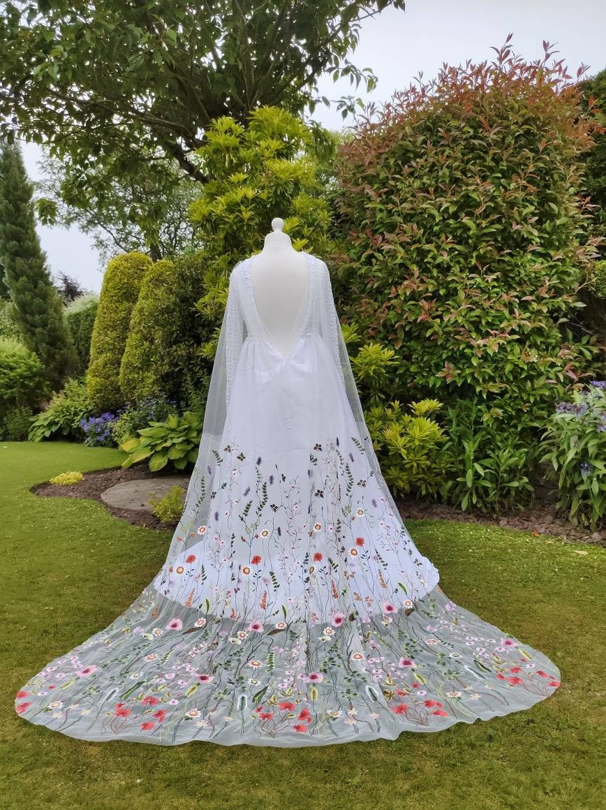 Floral draped cape, draped dress attachment,Flower veil, Floral veil ,secret garden veil, boho veil,  wild flower veil, embroidered veil