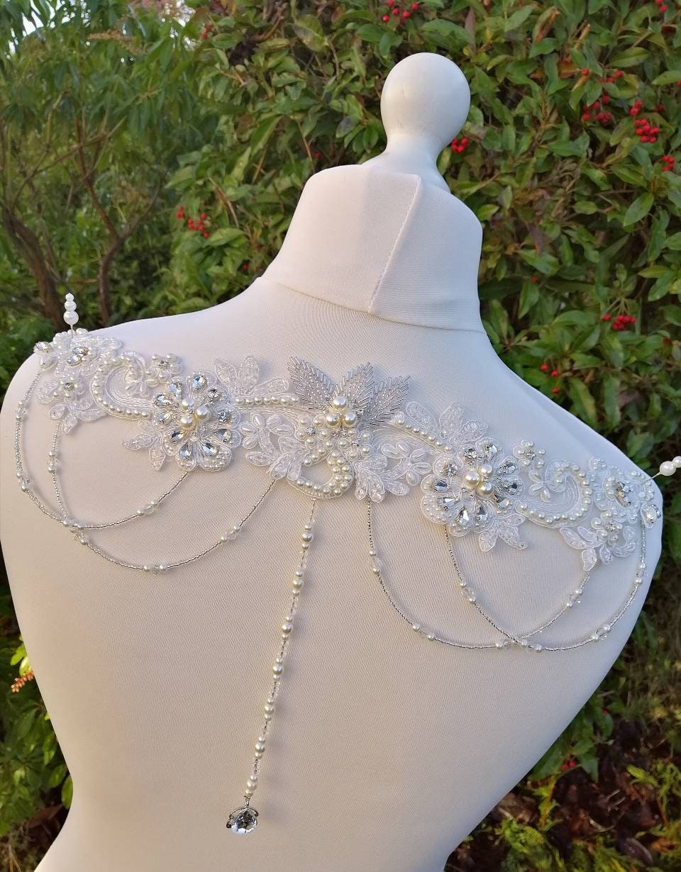 Back drape,lace drape, backless dress drape, beaded drape, dress adornment, crystal drapes, wedding dress drapes, dress embellishment,