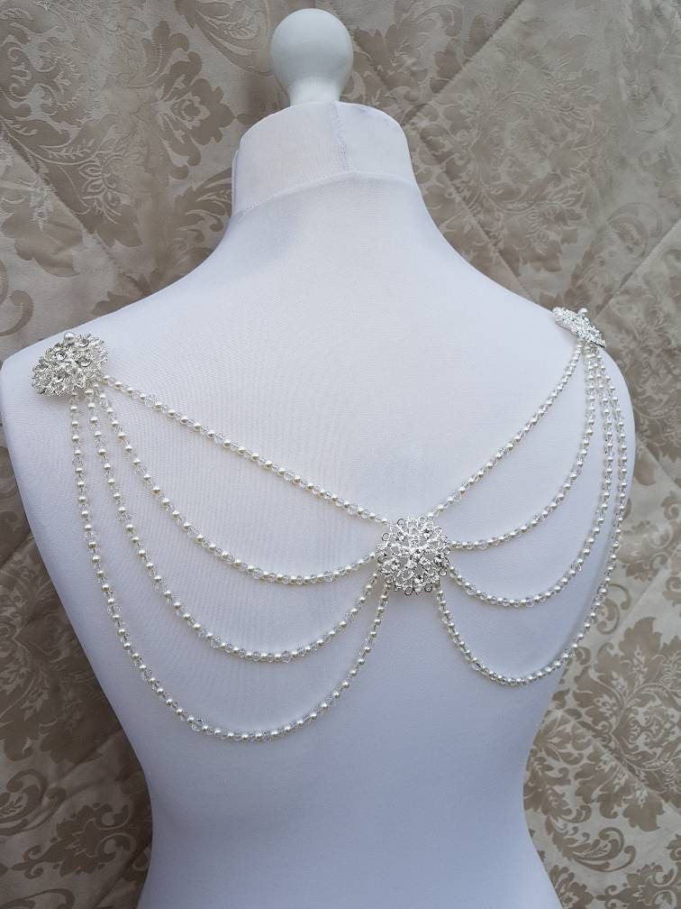 Beaded Back Drape, Shoulder Drape, Backless Dress Adornment, Ivory Pearls, Crystal Bridal Jewelry