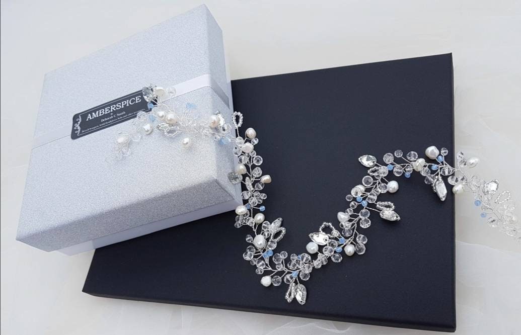 Hair vine , bridal halo, crystal hair vine, something blue, diamante and crystal headpiece, bridal crown, crystal wreath, vine
