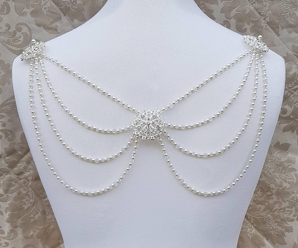 Beaded Back Drape, Shoulder Drape, Backless Dress Adornment, Ivory Pearls, Crystal Bridal Jewelry