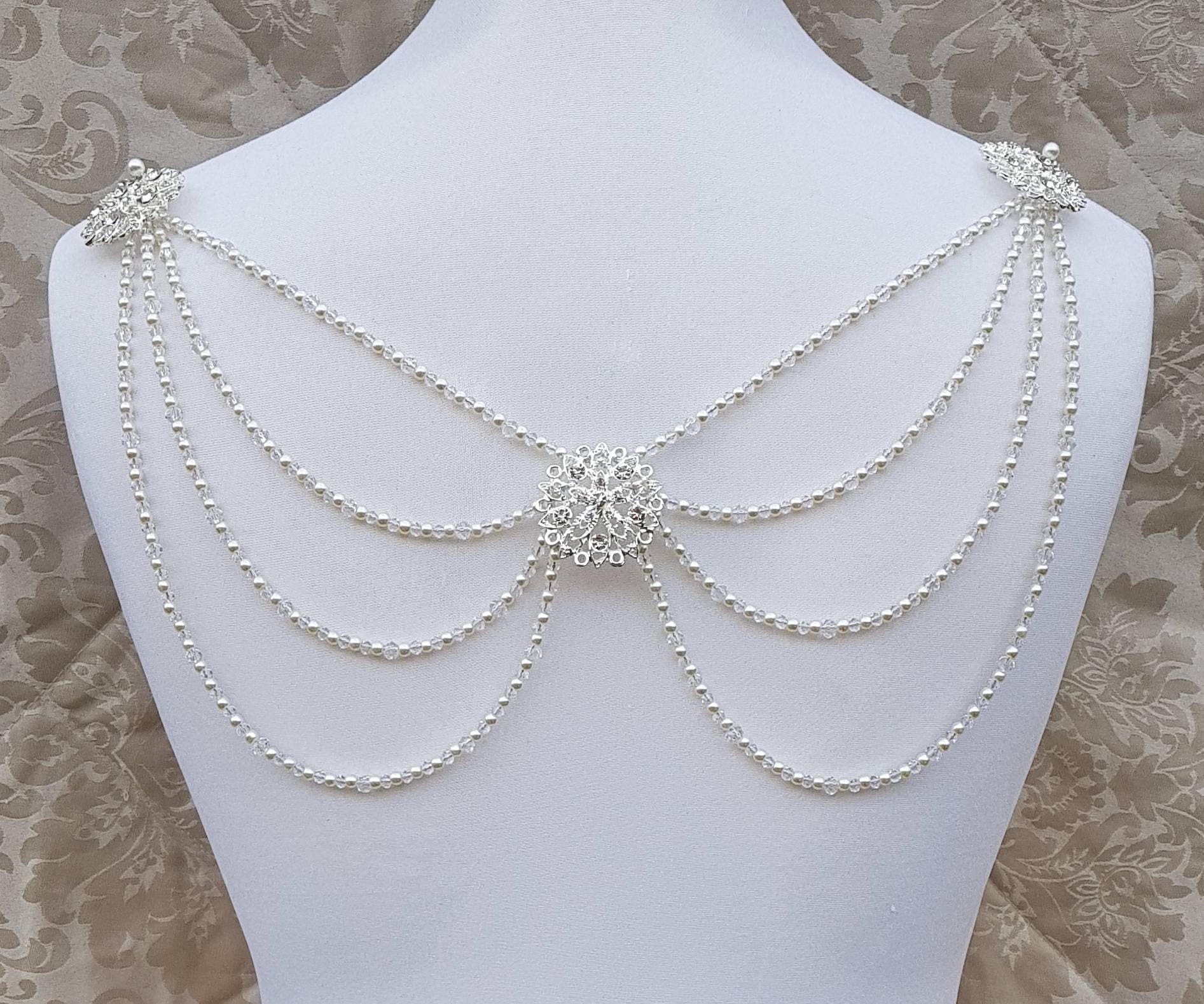 Beaded Back Drape, Shoulder Drape, Backless Dress Adornment, Ivory Pearls, Crystal Bridal Jewelry