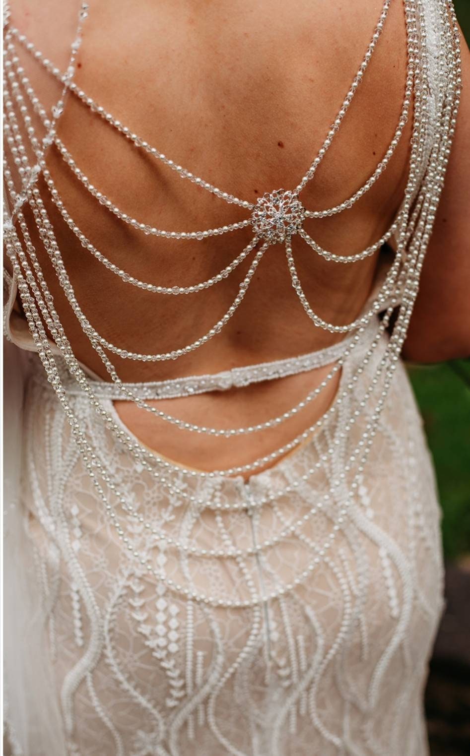 Back Necklace Drape, Ivory Pearls, Crystal Beads, Wedding Dress Adornment