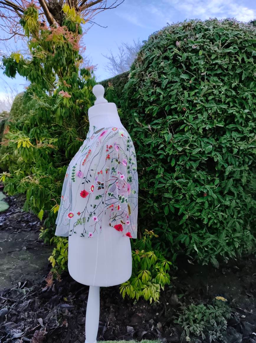 Floral capelet, capelet, wedding poncho, bridal cover up, shawl, tulle capelet, bolero, floral embroidered capelet, bridal cape, cape