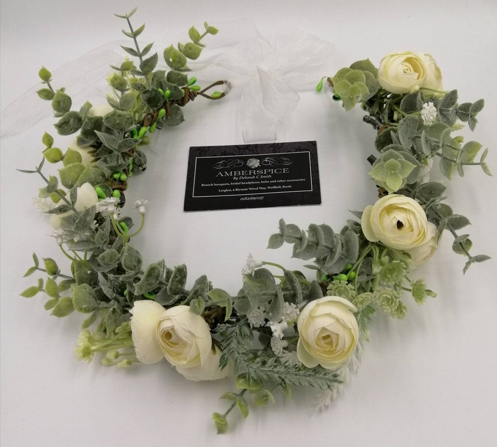 Artificial Eucalyptus Ranunculus Flower Crown, Ivory Organza Ribbon, Bridal Headpiece